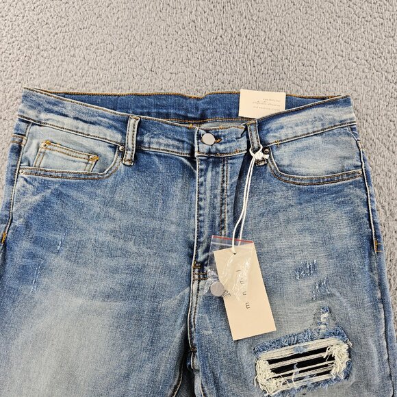 MNML Jeans Mens 34 Blue X203 Stretch Denim Distressed Ripped Slim Fit Pants - Picture 2 of 16